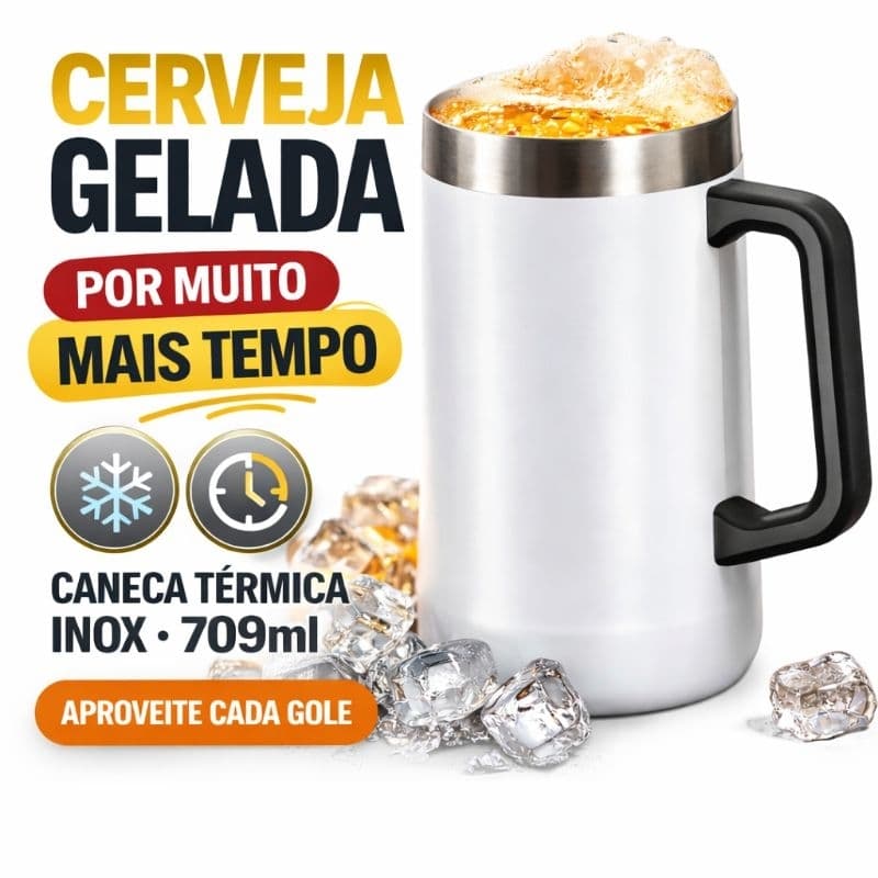 Caneca Térmica de Cerveja Inox 709ml Parede Dupla Chopp Copo Térmico com Alça Branco