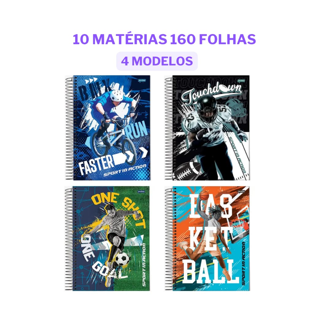 CADERNO UNIVERSITÁRIO A4 CAPA DURA ESPIRAL 10 MATÉRIAS 160 FOLHAS ESPORTE