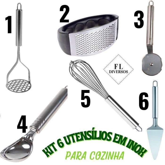 Kit 6 Utensílios Inox Para Cozinha Amassador Alho Batata, Colher Sorvete, Bate Claras, Cortador Pizza e Bolo