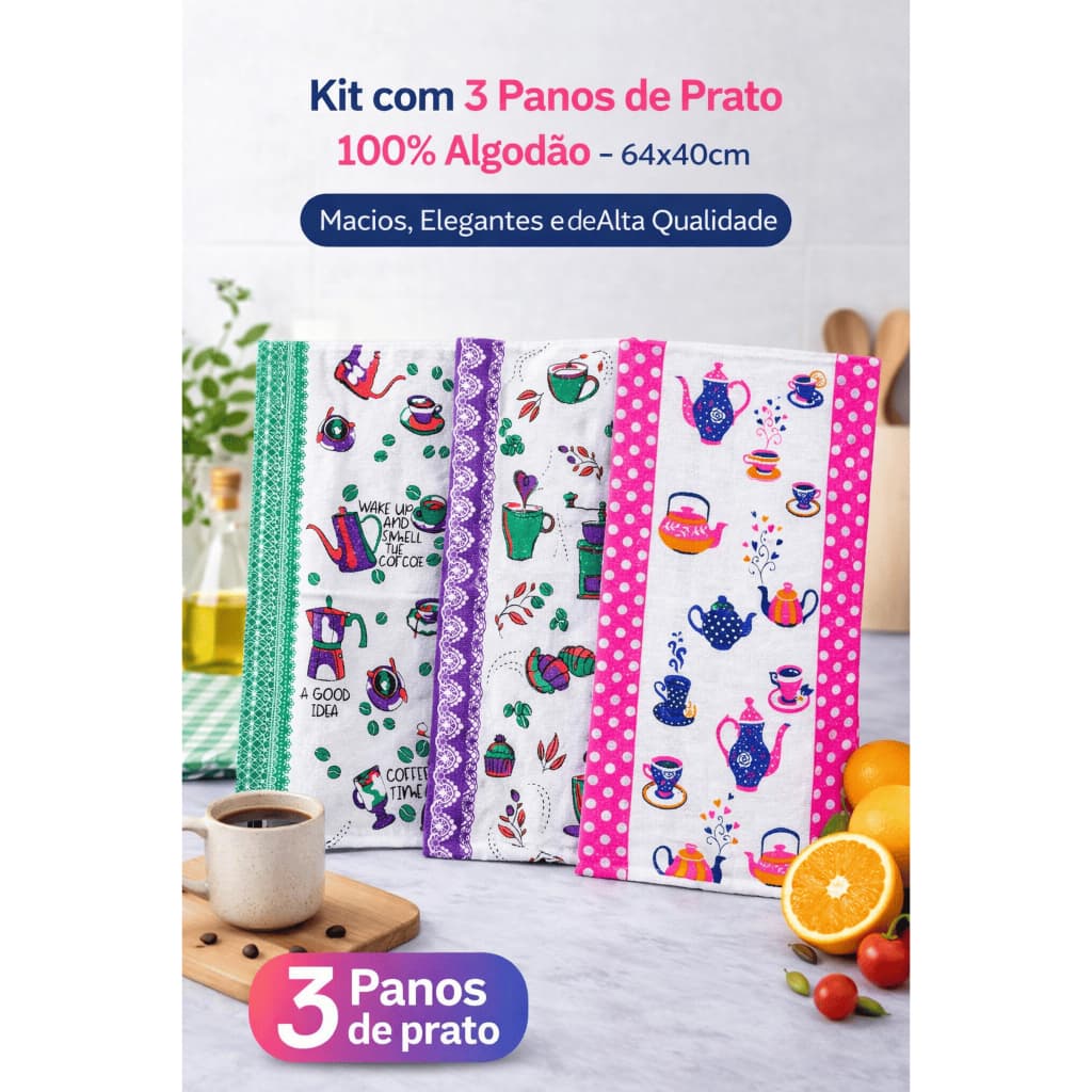 Kit com 3 Panos de Prato 100% Algodão – 64x40cm | Macios, Elegantes e de Alta Qualidade