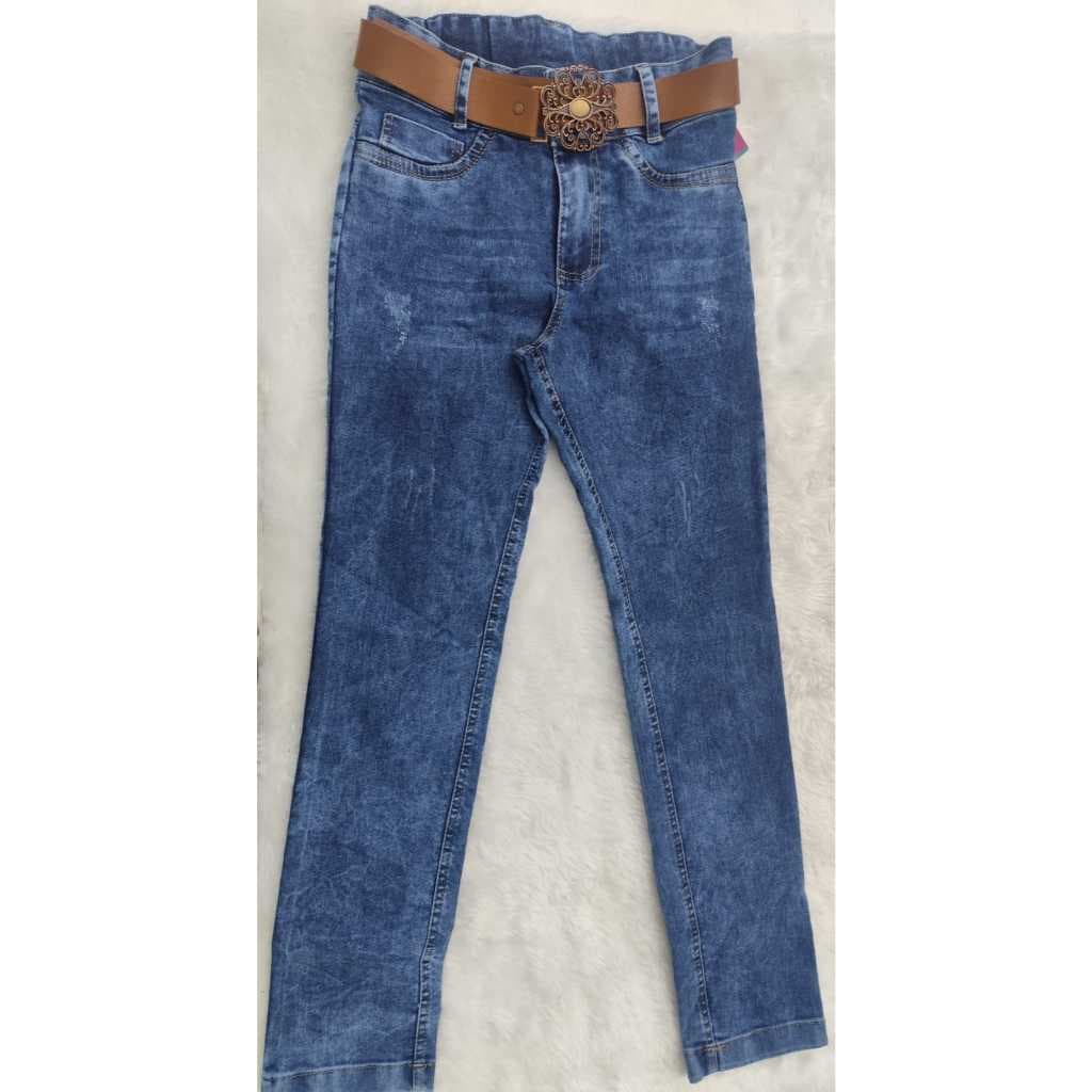 CALÇA JEANS JUVENIL 10/16 MENINA  COM CINTO E PUIDOS