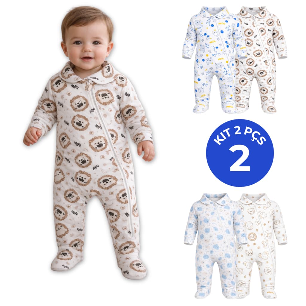 Kit 2 Macacão Longo Bebê Ribana Menino Estampada Algodão com Zíper Menina Top Envio Imediato