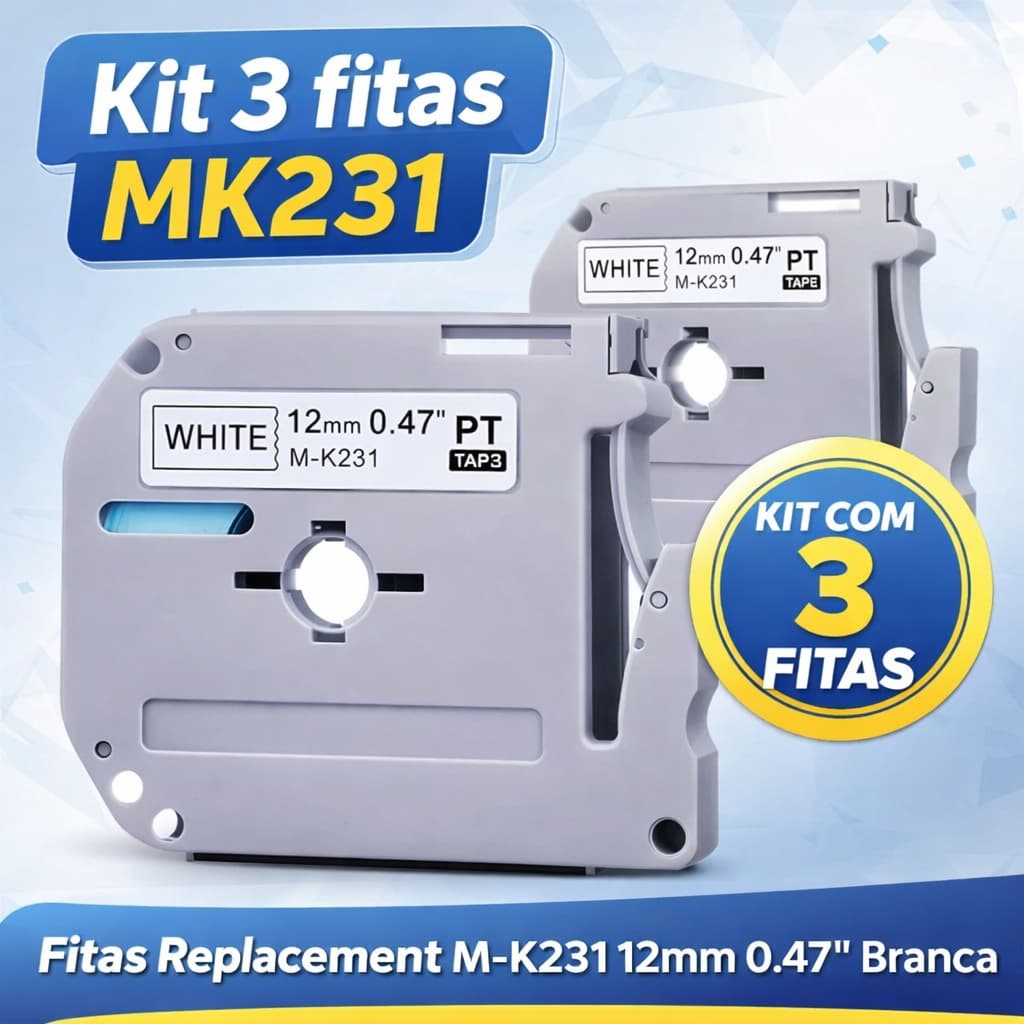 Kit 3x Fita Compatível MK 231 Branca 12mm x 8m Rotulador Pt-70 Pt-80 Pt-90