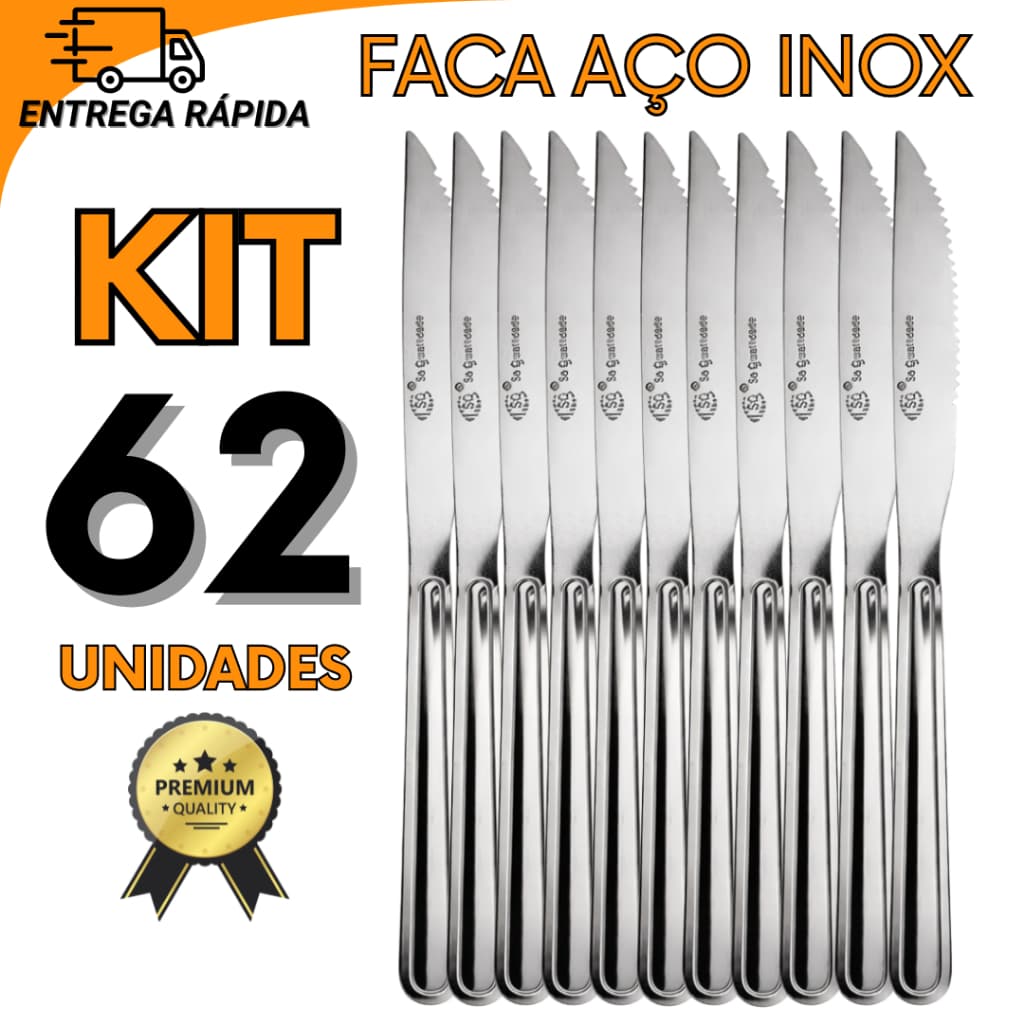 Kit Facas de Mesa Em Inox 62 Peças Para Almoço Jantar Festa Restaurante Casa