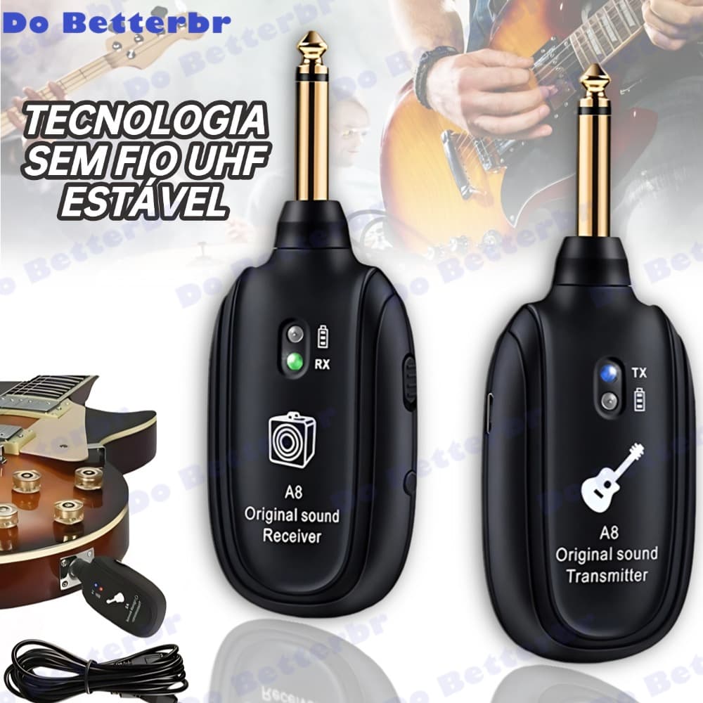 Transmissor Receptor Sem Fio A8 para Guitarra Violão Baixo P10 Com transmissor e receptor recarregáveis
