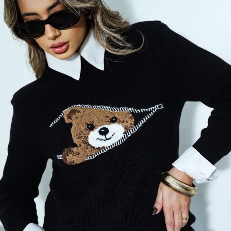 Blusa de Urso Tricot Urso em Musse pra dar efeito fofinho Blusa de Frio em Modal Tendência Outono
