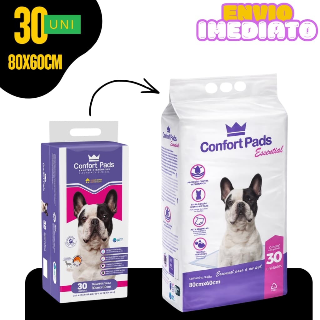 Tapete higiênico p/Cães Confort Pads 80x60 30/60/90/120 unidades - Envio Imediato