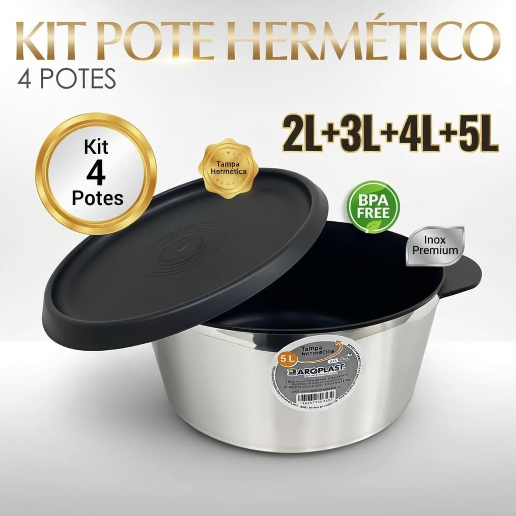 Kit 4 Potes Herméticos Inox Premium Arqplast - 2L, 3L, 4L e 5L BPA Free