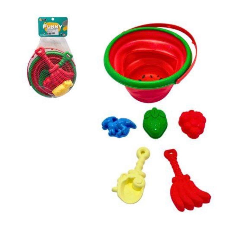 KIT PRAIA balde dobrável Unicórnio/Melancia com 2 ferramentas e 4 moldes de praia.