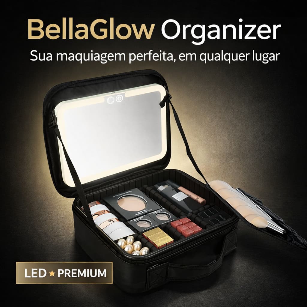 Necessaire Maquiagem com Espelho LED Portátil Organizador Beauty Case Profissional Bolsa Feminina
