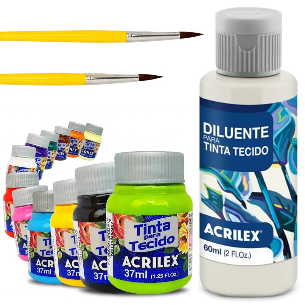 Kit 10 Tintas Tecido Acrilex 37ml + Diluente + 2 Pincéis
