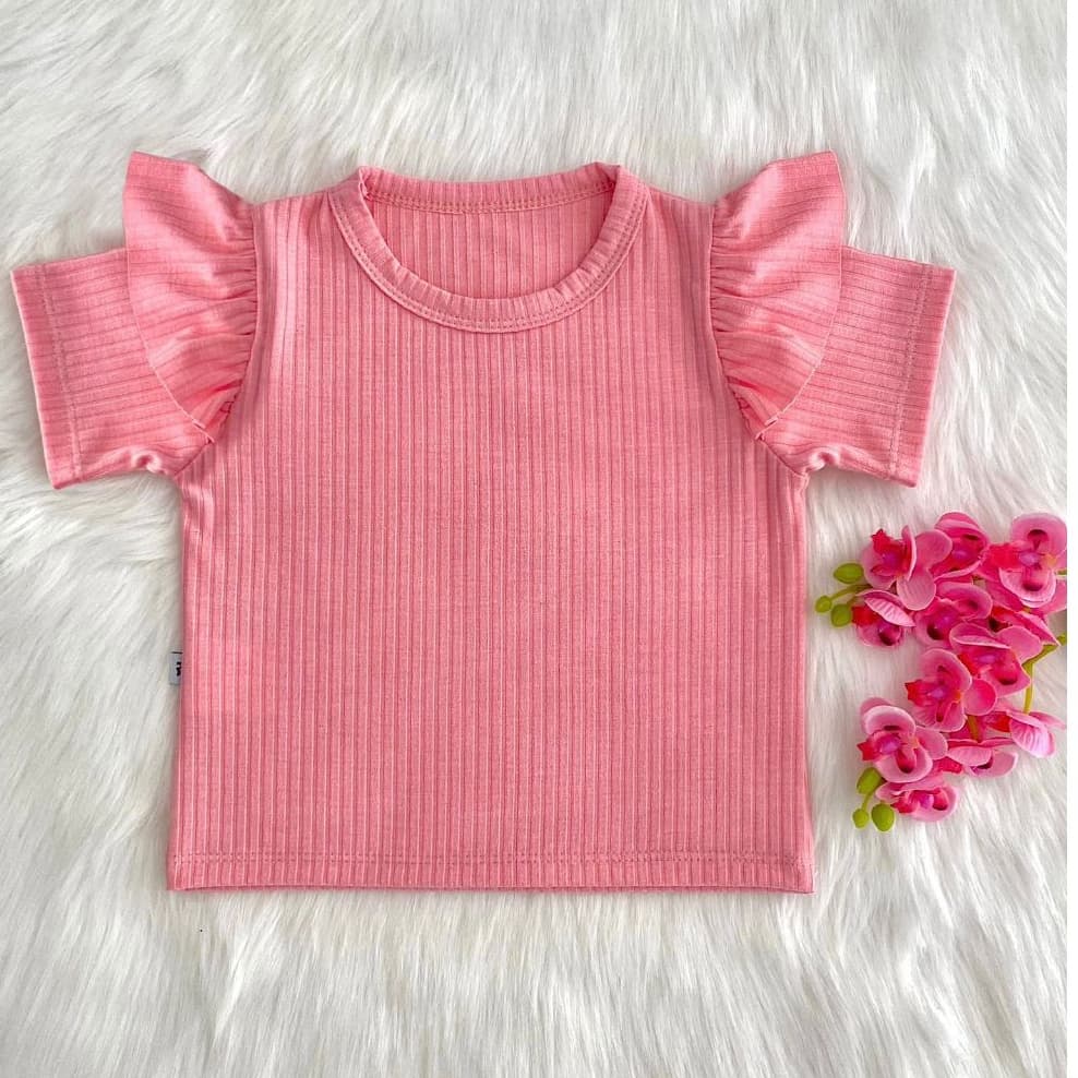 Blusa Canelada Manga Curta Feminina Infantil Verão