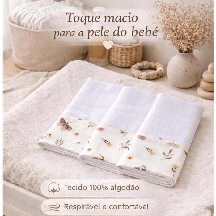 Fralda de pano para bebê menina menino 3 peças fraldinha boquinha estampada varias estampas
