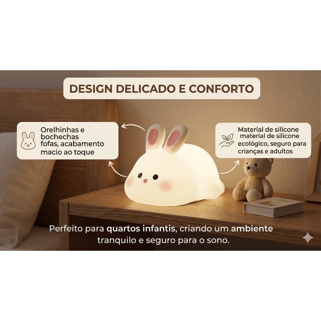 Luminária de Silicone Noturna Sensor De Touch Coelho Recarregável De USB