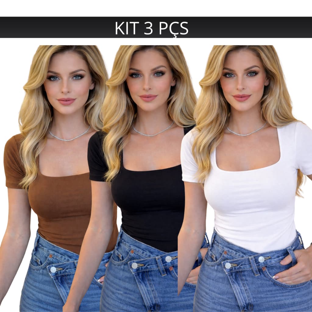 Kit 3 Blusa Suplex Feminina Decote Quadrado Básica Premium Blogueira Academia Dia a Dia