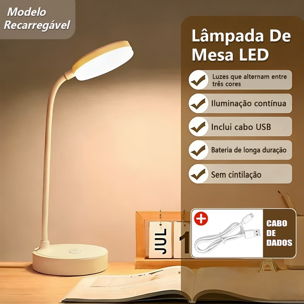 Luminária Abajur LED Recarregável Touch Haste Flexível Sem Fio Lâmpada Para Estudo E Leitura