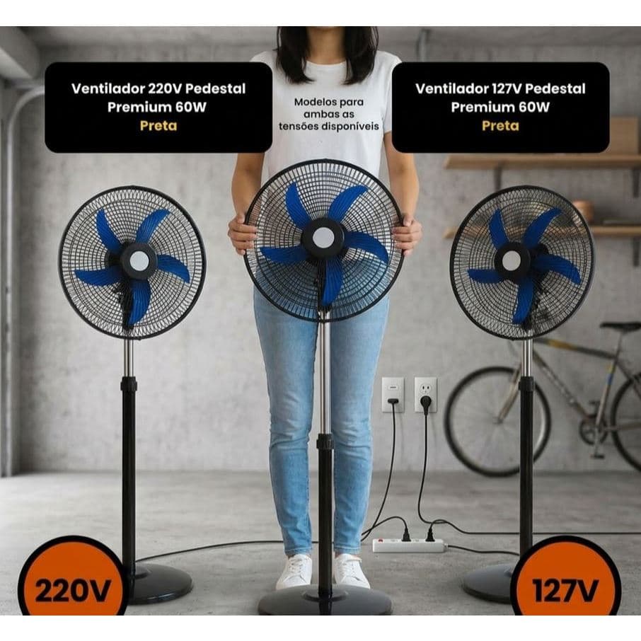 Ventilador Piso Moderno Potente Silencioso 60W Preto Resfriamento Ambiente