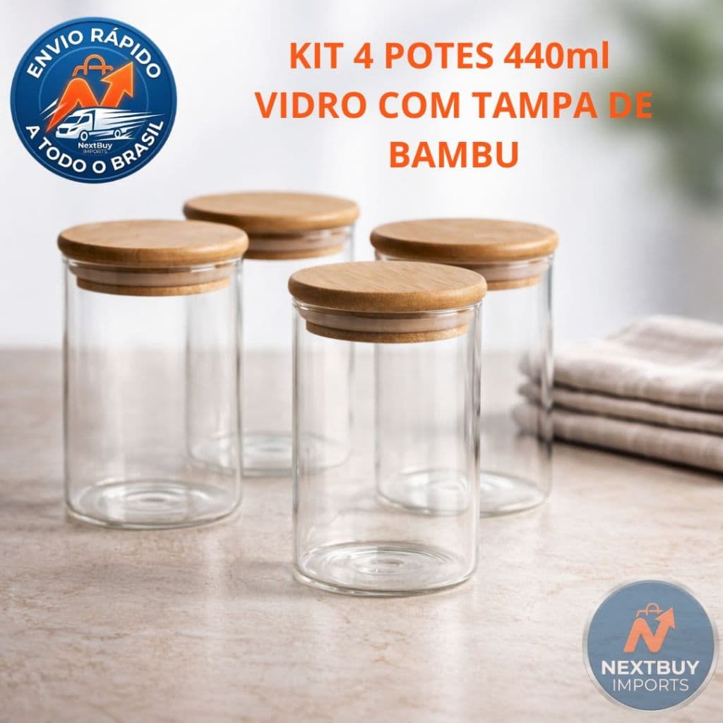 Kit 4 Potes de Vidro Com Tampa Bambu 440ml Hermético Organizador Cozinha e Sem Bagunça