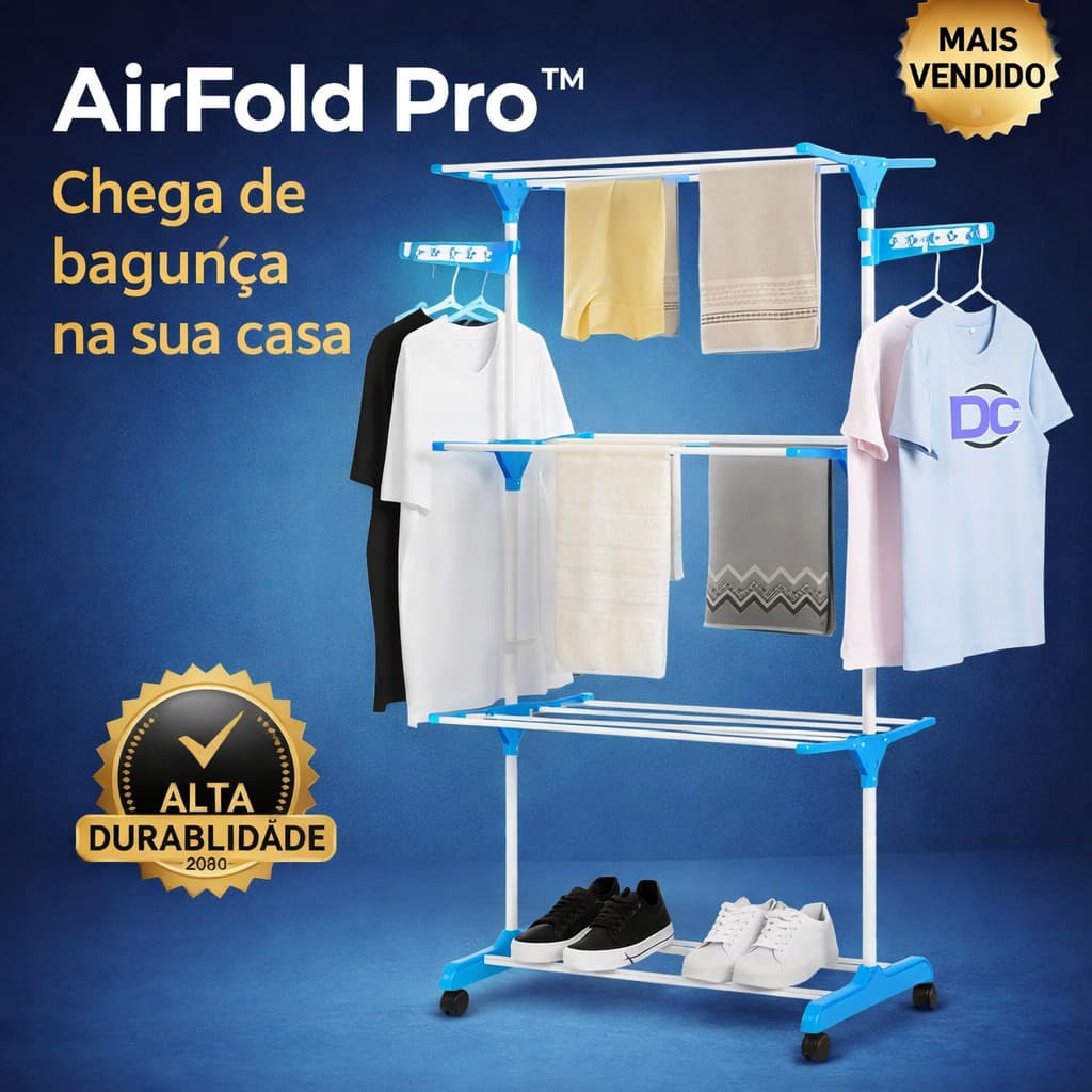 Varal de Chão Dobrável 3 Andares com Cabideiro AirFold Pro | Organizador Vertical de Roupas para Apartamento Compacto