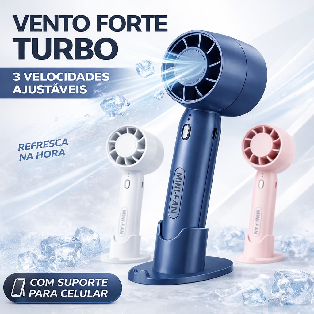 Mini Ventilador Portátil Mini Turbo USB Recarregável 3 Velocidades Silencioso Forte com Suporte Celular Mesa