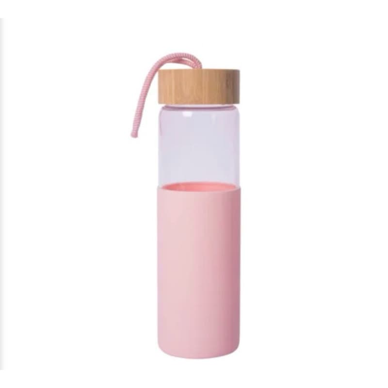 Squeeze de vidro rose com tampa bambu,alça se algodão e base de silicone - 650ml