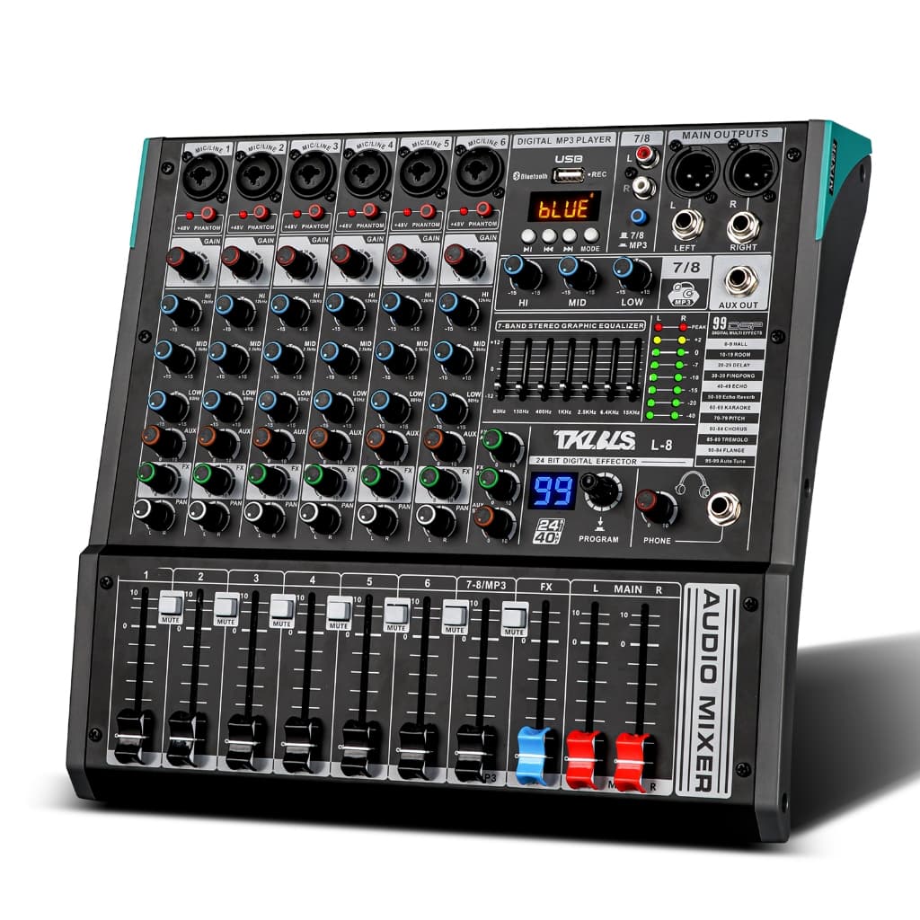 Mesa de Som Profissional L-8 8 Canais com Bluetooth USB para PC 48V Phantom e 99 Efeitos TKL