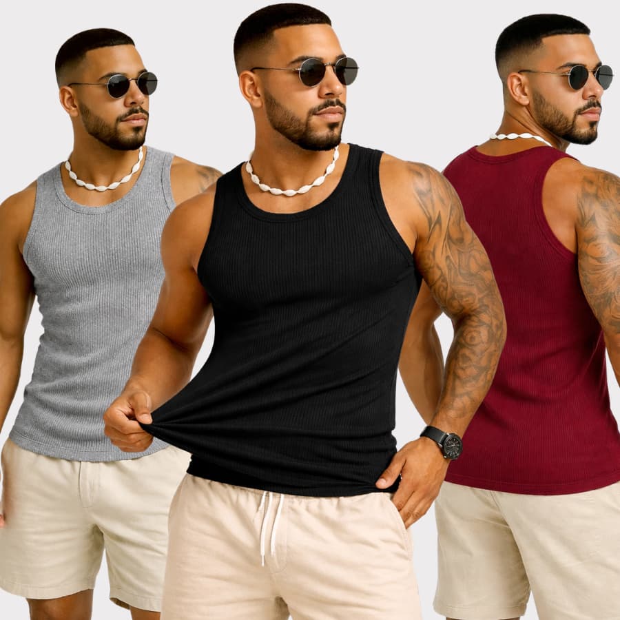 Kit Com 3 Regatas Masculinas Slim Ribana Canelada – Academia, Fitness, Casual e Streetwear