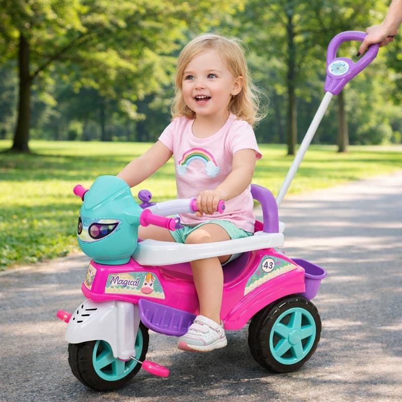 Triciclo Magical Unicórnio Maral Velotrol Infantil Com Empurrador Seguro Passeio Bebê Criança Rosa Roxo Carrinho Menina