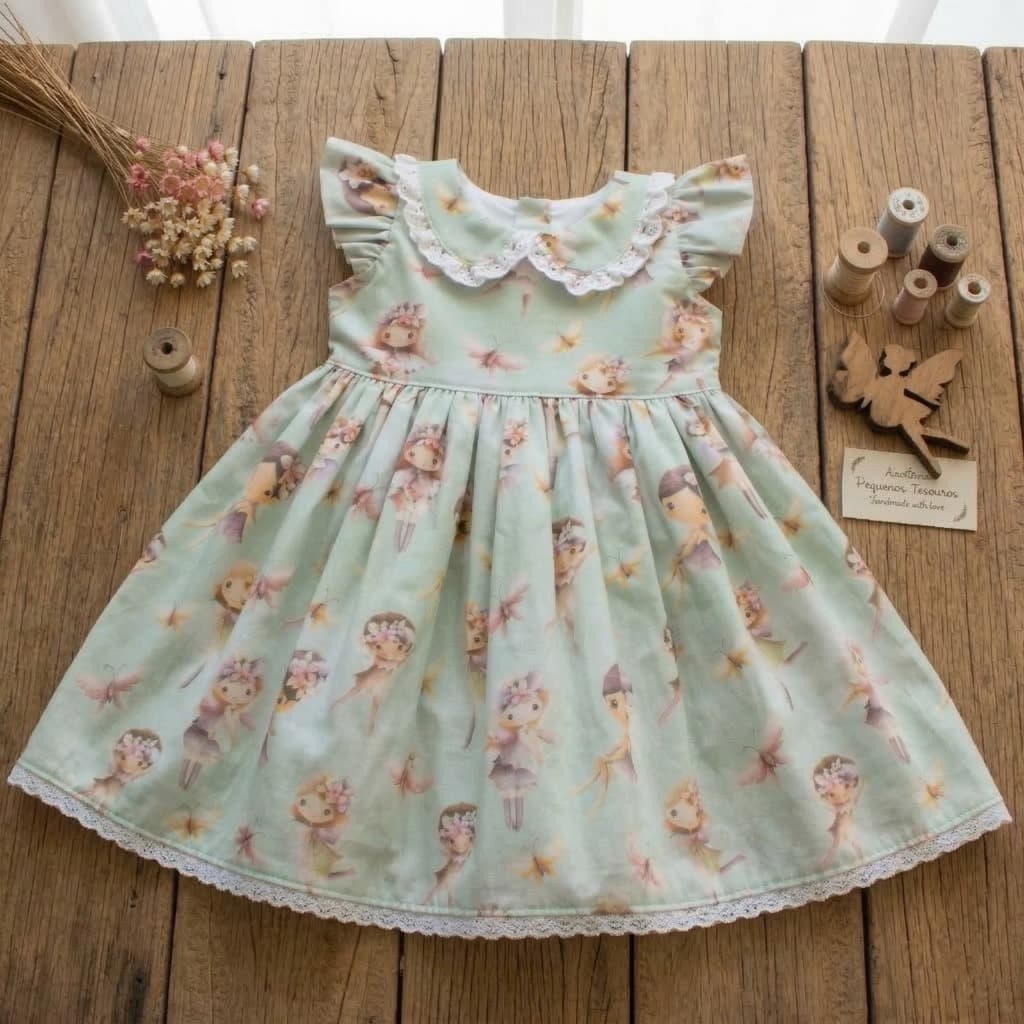 Vestido Infantil Menina Estampa Fadinha 100% Algodão Renda na Gola Macio Conforto Luxo