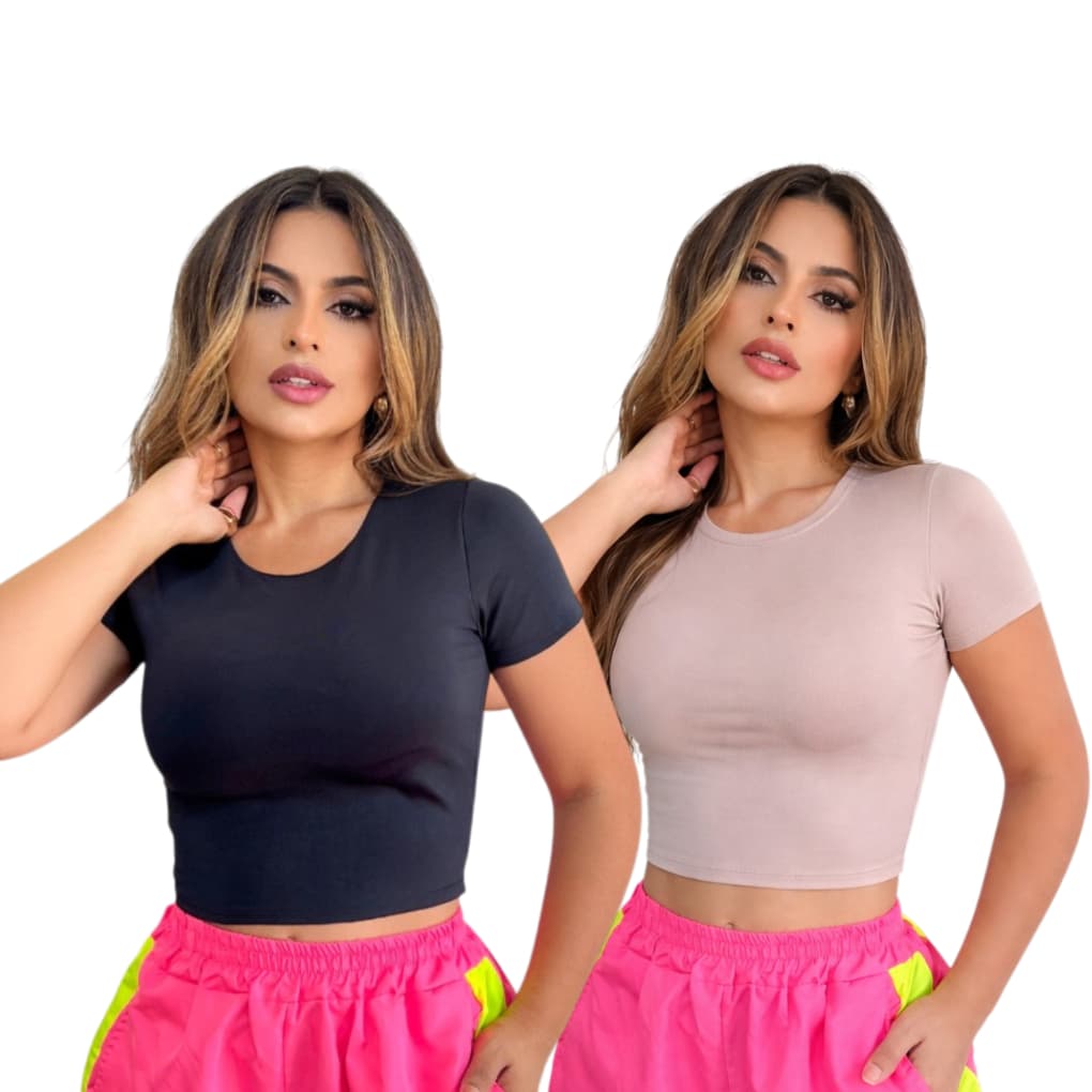 Kit Cropped Blusa Suplex Feminino Básico Manga Curta Forro Duplo