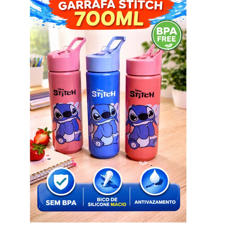 Garrafa Stitch Infantil Squeeze Água Garrafinha com Canudo Escolar