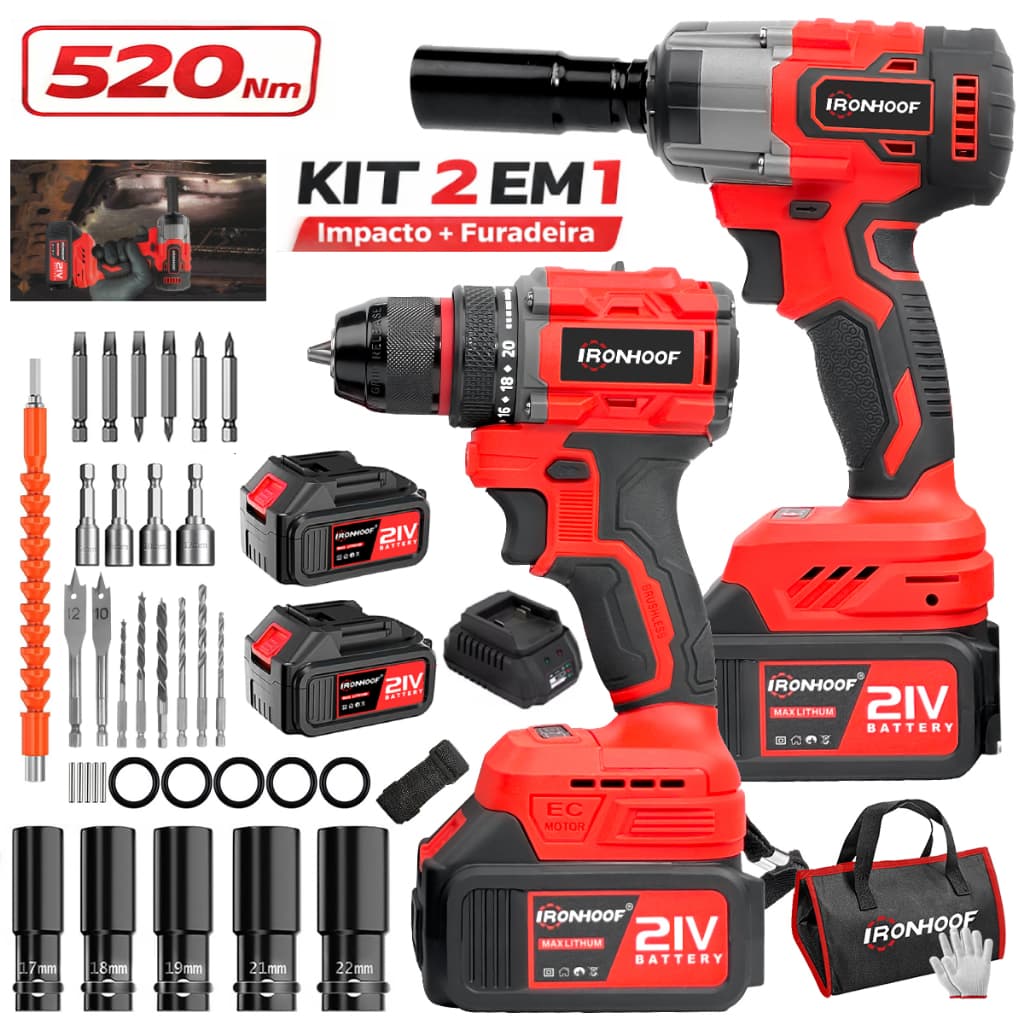 Kit 2 Parafusadeira a Bateria e Chave de Impacto Brushless Com Jogo Soquete