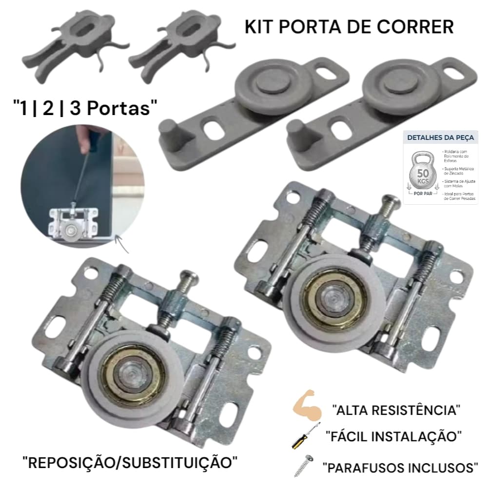 Kit Sistema FLEX01 Roldana/Guia/Freio 1-2-3 porta de correr guarda roupa suporta 50kg