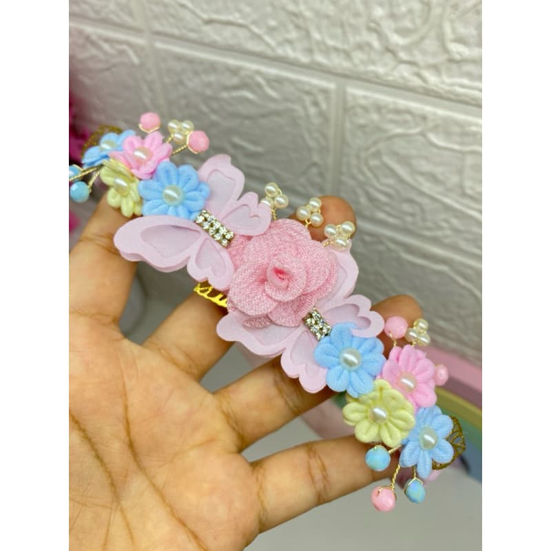 Tiara Infantil Floral com Pérolas Luxo Rosa Azul – Acessório Delicado para Bebê e Criança Festa Aniversário- tiara luxo