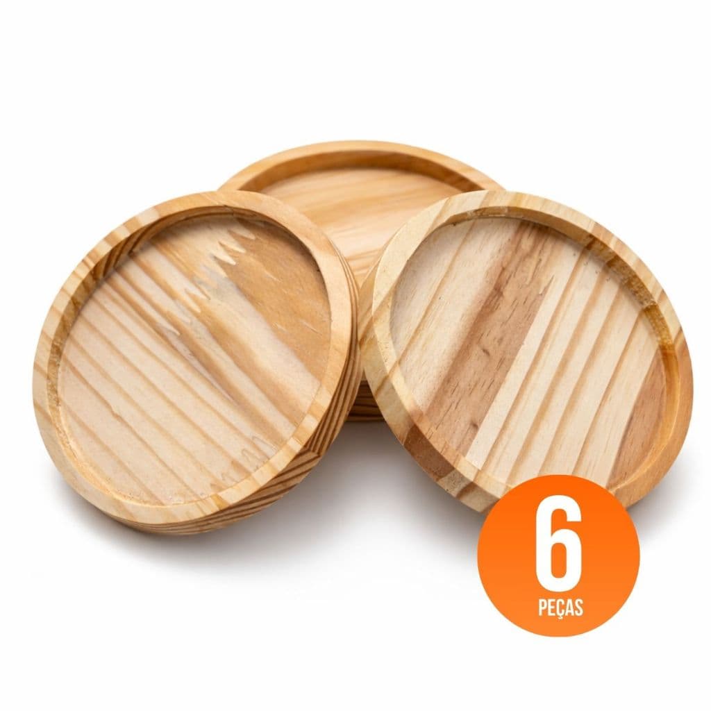 Porta Copos de Pinus Natural Conjunto 6 Peças Redondas para Copo Bolacha para Copo