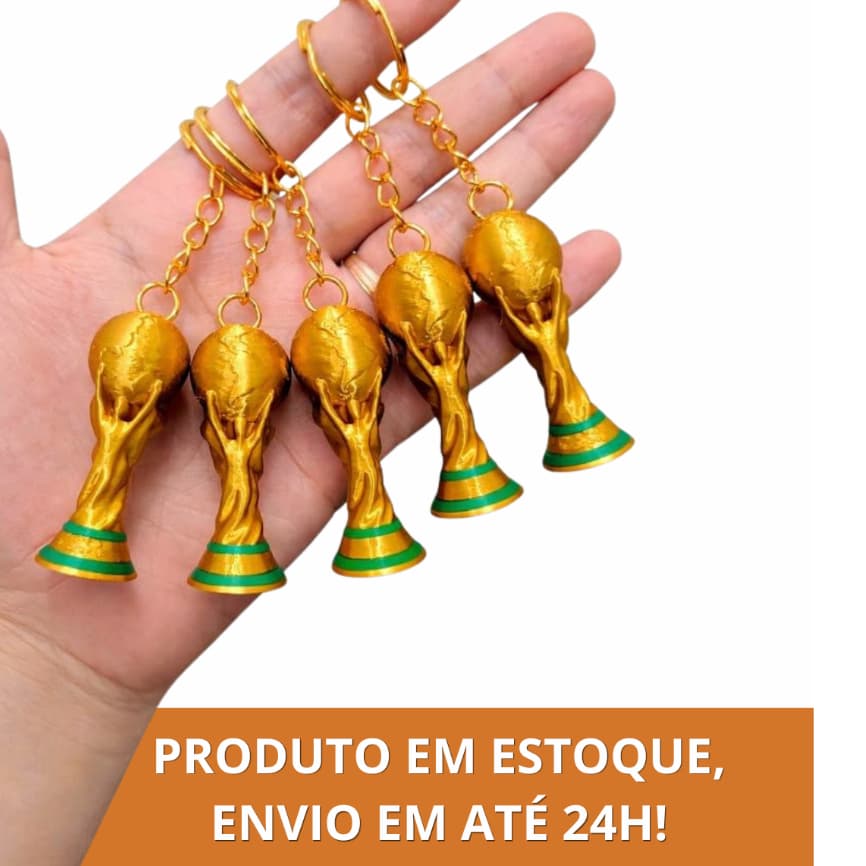Chaveiro Taça Copa do Mundo 2026 Dourado Brasil | Kit Lembrancinha Futebol 1 3 5 Un