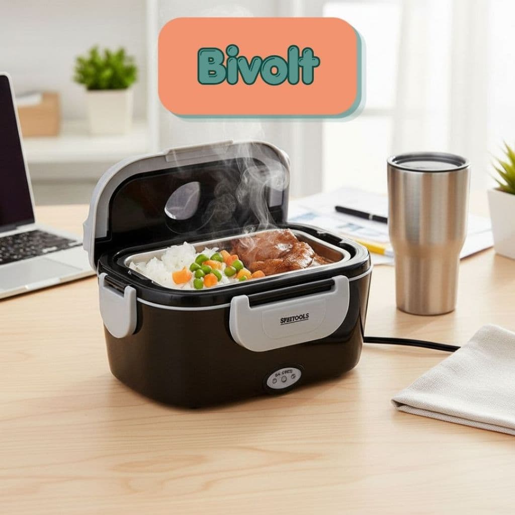 Marmiteira Eletrica Bivolt Termica Preta Aquece Comida Lancheira Refeição Quente Trabalho Fit 1,5L