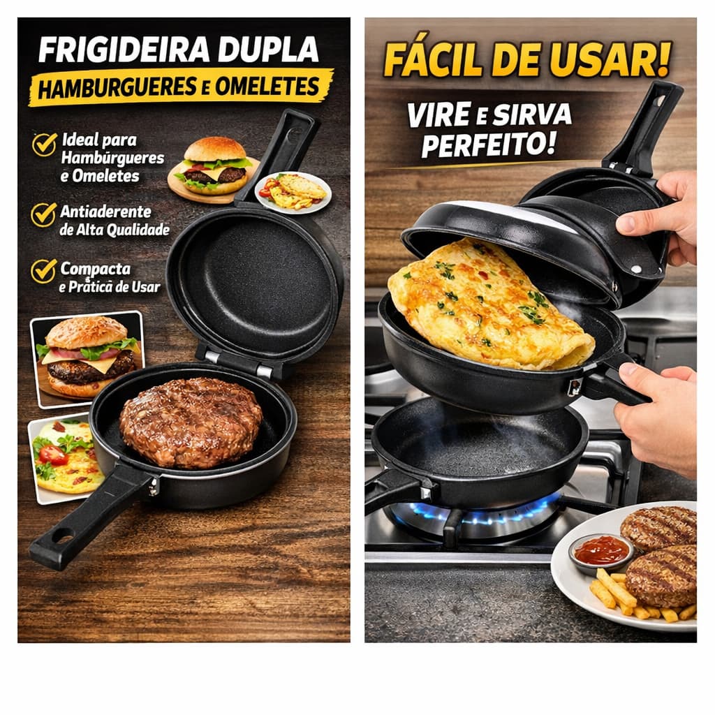 Frigideira Dupla Antiaderente 14 cm Preta – Ideal para Hambúrgueres e Omeletes  Alumínio Nacional