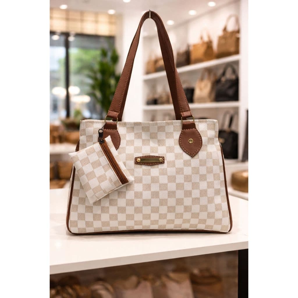 Bolsa Feminina Tote Xadrez Luxo Alça Ombro Grande com Necessaire Elegante Casual