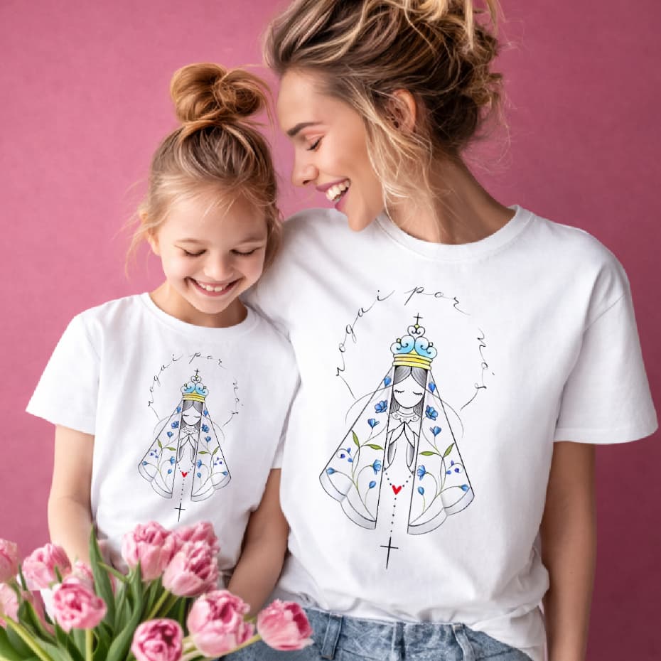 blusa camiseta NOSSA SENHORA APARECIDA ROGAI POR NÓS MÃE E FILHA, blusas combinando, cristã Jesus