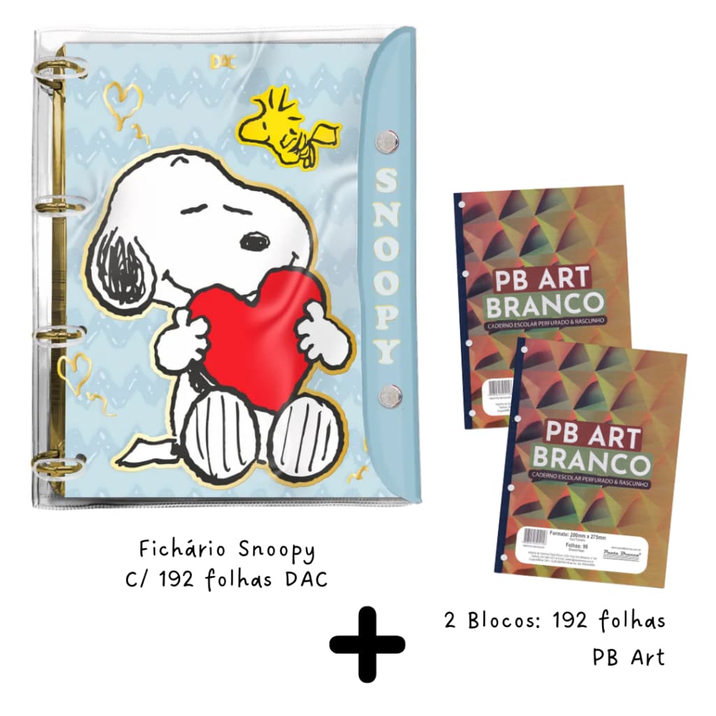 Fichário Universitário com 384 Folhas Snoopy Argolado Original DAC PVC Cristal Resistente