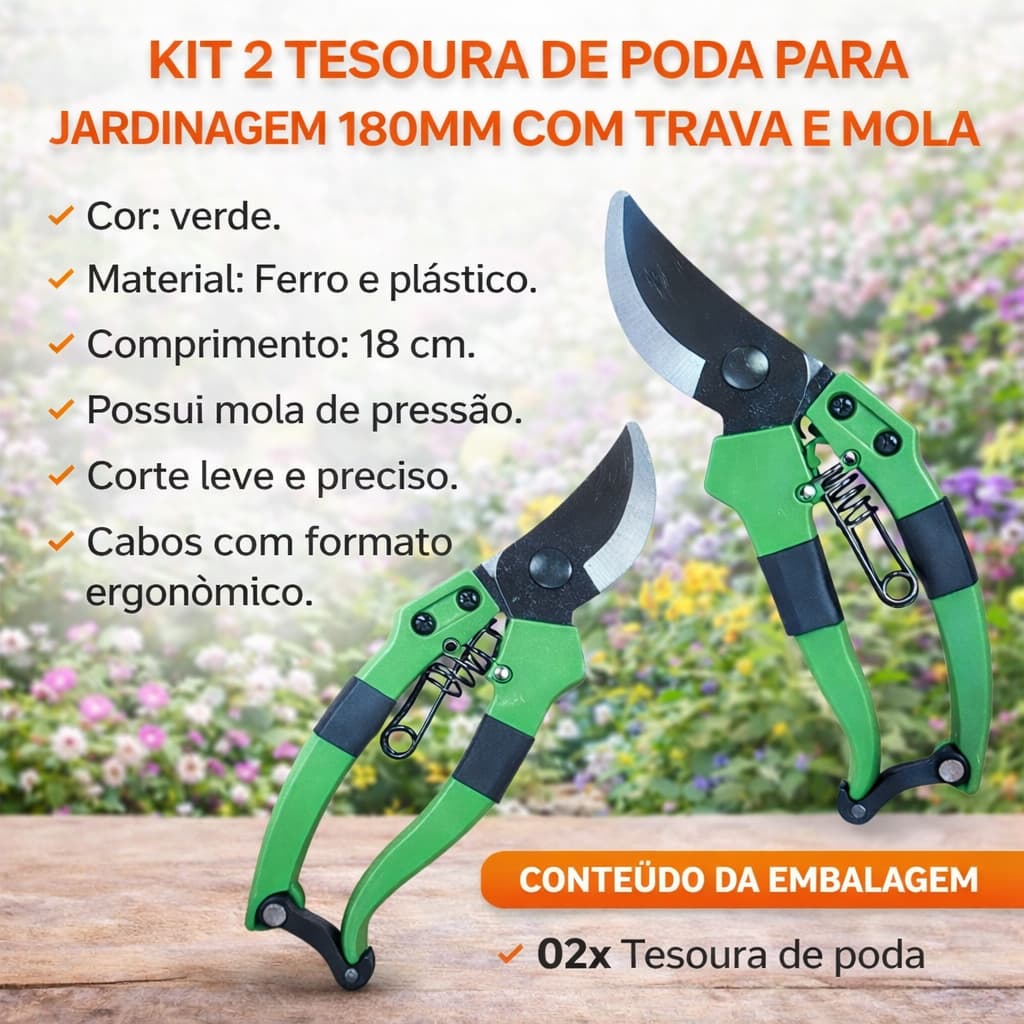 KIT 2 TESOURA DE PODA PARA JARDINAGEM 180MM COM TRAVA E MOLA