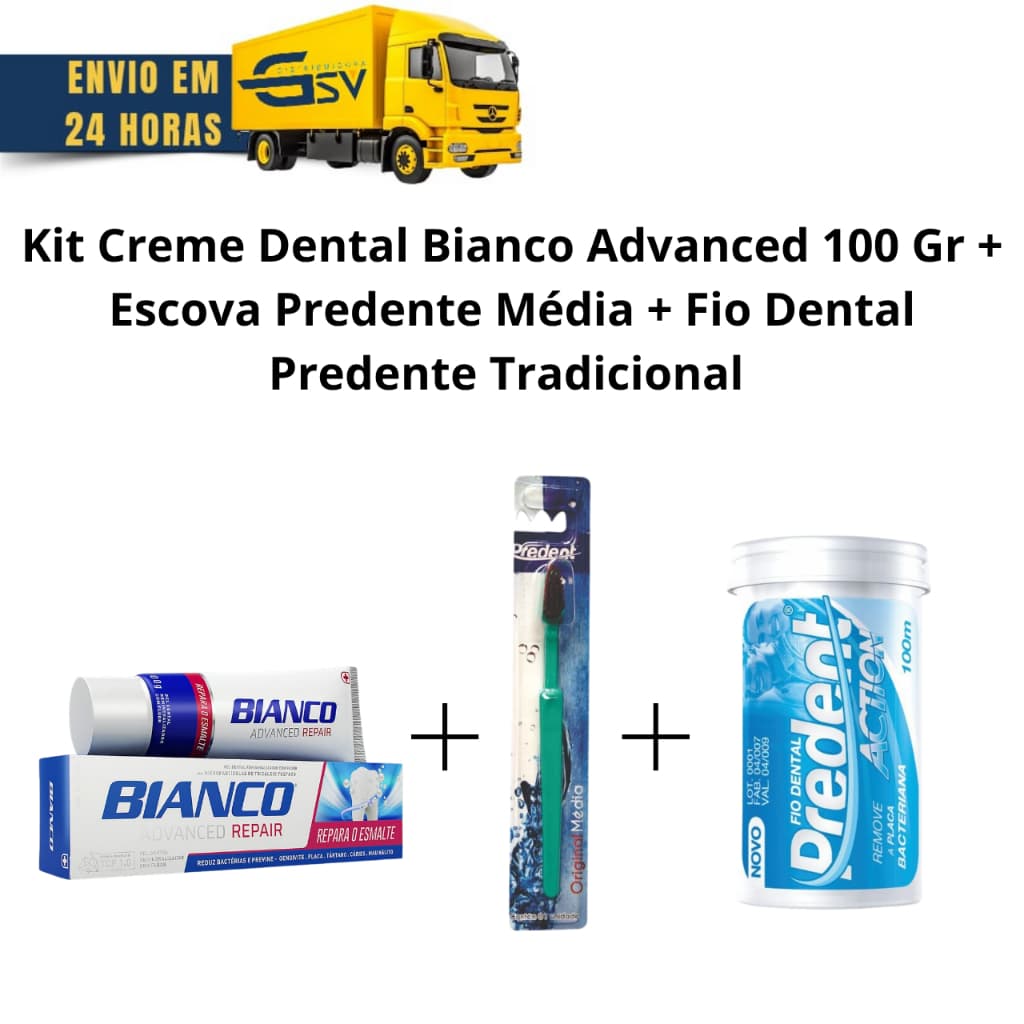 Kit Creme dental Bianco Advenced Repair+Fio Dental Predente Tradicional+Escova Dental Predente Média
