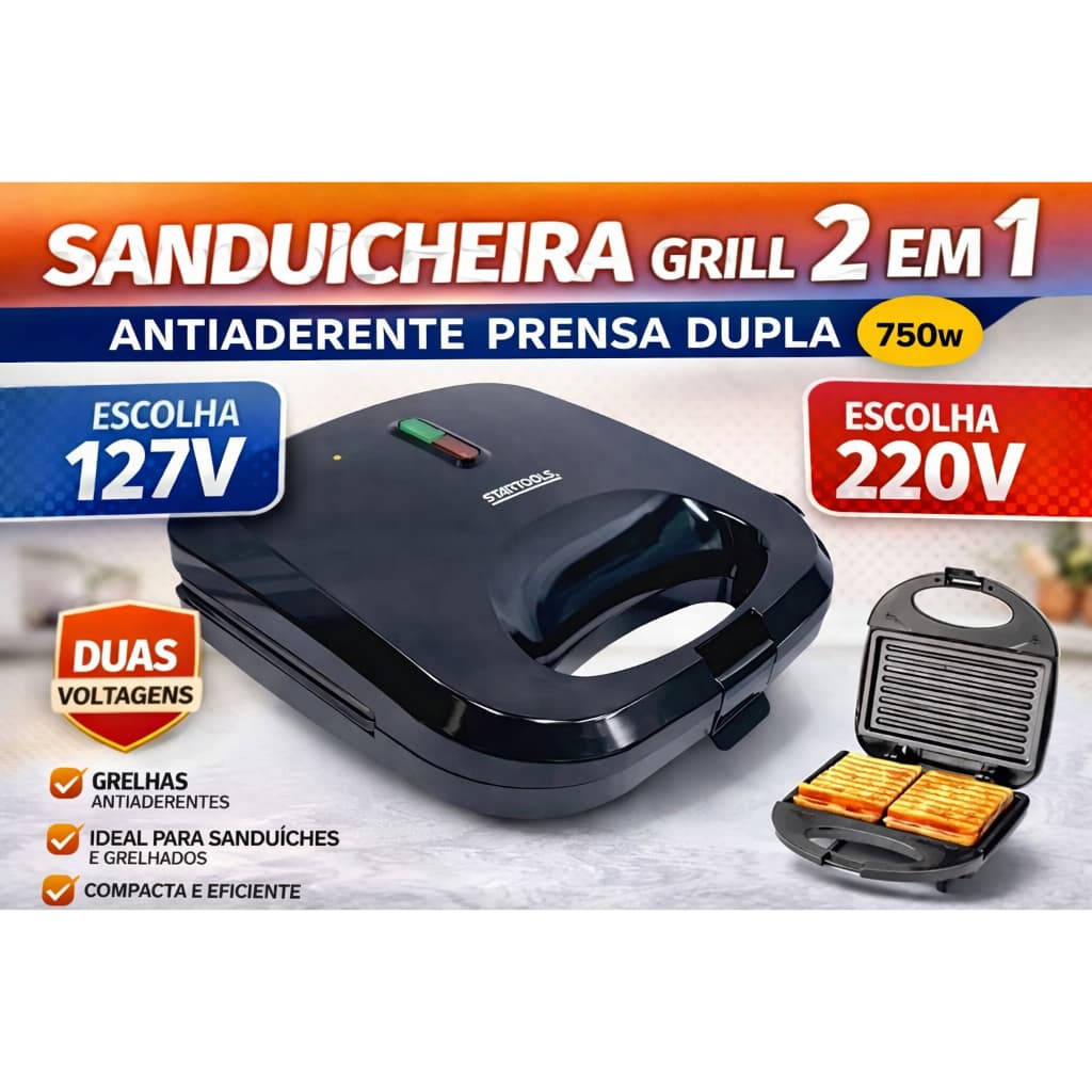 Sanduicheira Grill Elétrica 2 Em 1 750W 110 Ou 220V Grelha Duplas Sanduíches E Grelhados
