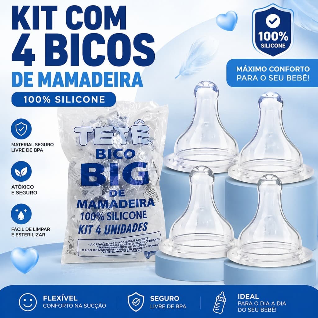 Kit Bico de Mamadeira Big Redondo de Silicone 4 Unidades Tetê Bpa Free