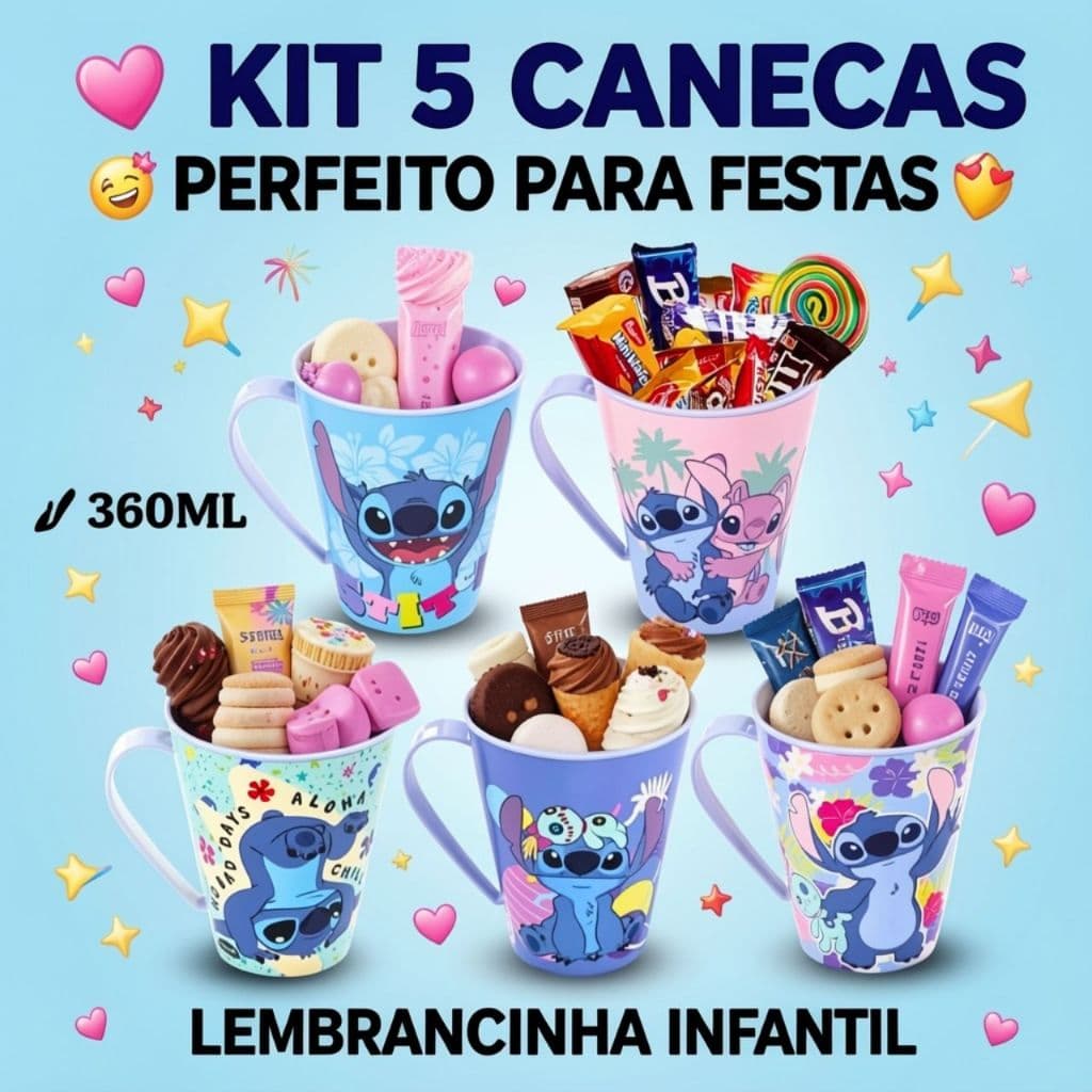 Kit 5 Canecas Infantil Stitch 360ml Plástico Resistente Lembrancinha Festa Aniversário