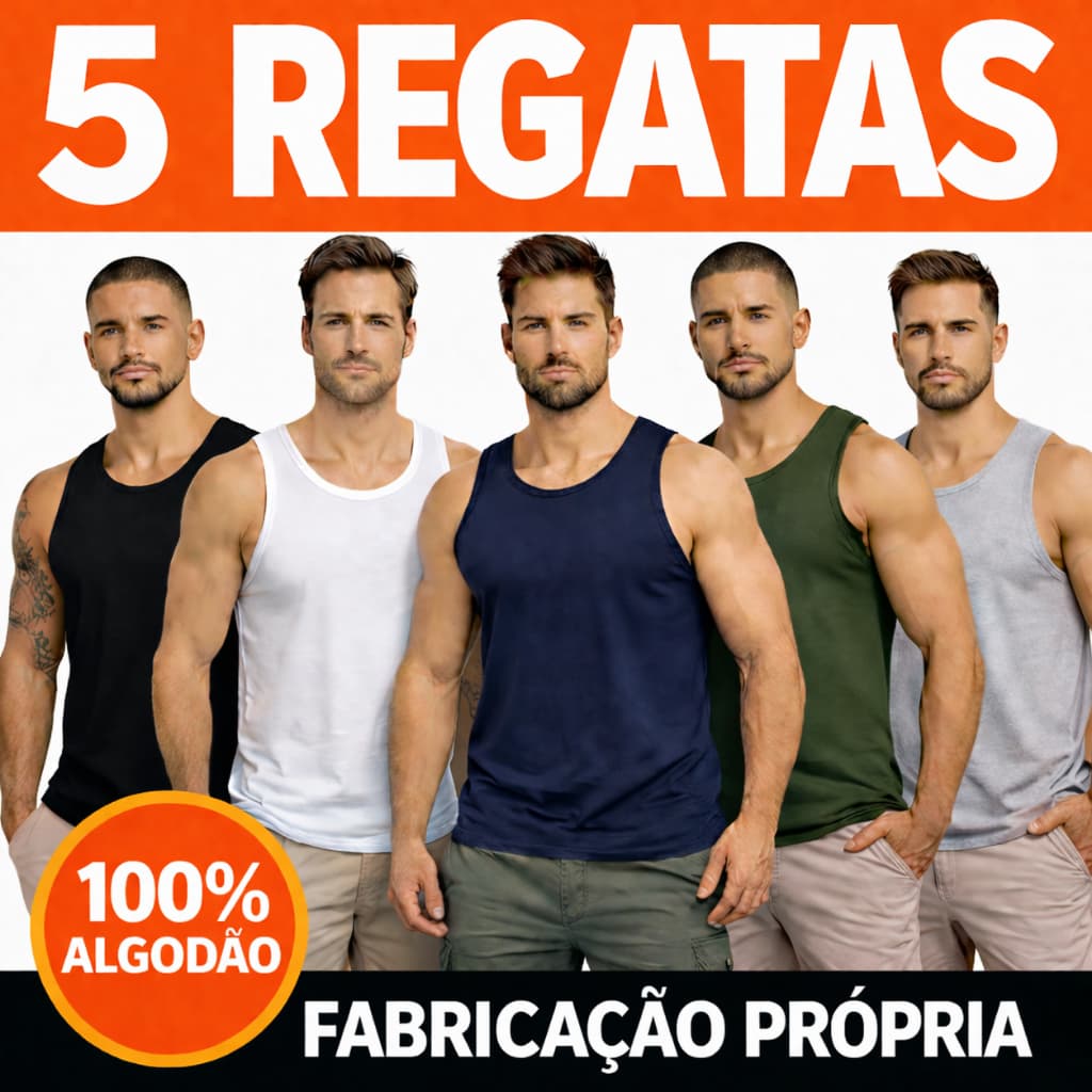 Kit 5 Camisetas Regatas Masculina 100% Algodão Penteado Lisa
