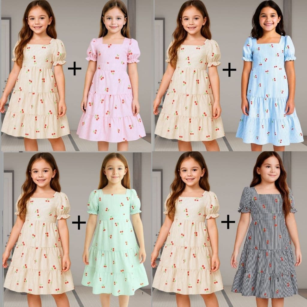 KIT Vestido Listrado com cerejinhas 2 ao 16 anos com forro e lastex