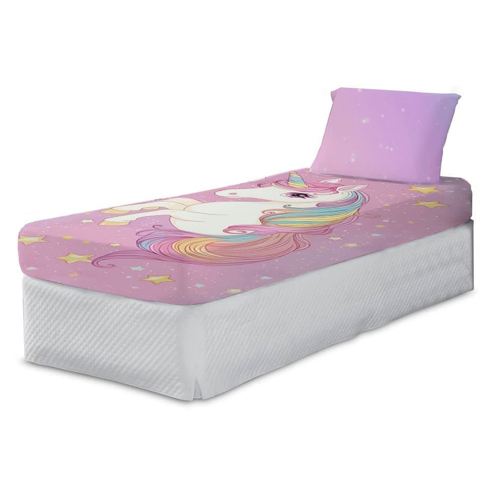 Jogo De Cama Unicórnio Arco-íris Lençol + Fronha Infantil Menina Rosa