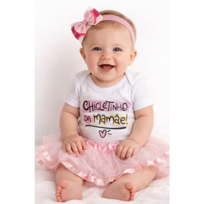 Body de Bebê Menina Moda Infantil Tematico Saia e Laço Body Dia das Mães Chicletinho da Mamãe